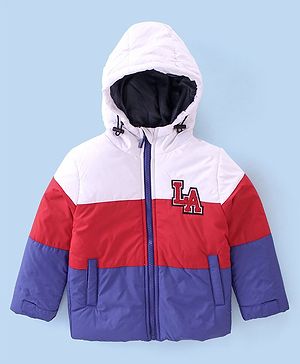 Babyhug Full Sleeves Padded & Hooded Jacket Color Block With Text Embroidery- Blue Red & White