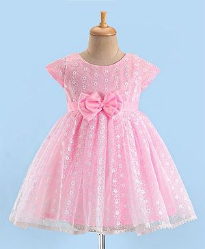 Babyhug Woven Half Sleeves Party Frock With Floral Embroidery & Bow Applique - Pink