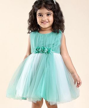Babyhug Sleeveless Mesh Party Frock with Floral Applique - Blue