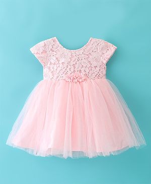 Babyhug Cap Sleeves Mesh Party Frock - Peach