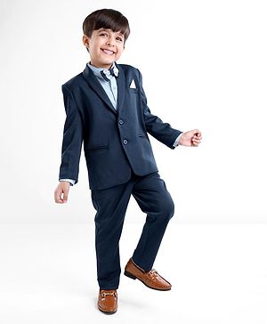 Babyhug Woven Full Sleeves Three Pieces Solid Colour Party Suit  With Bow -Dark Blue