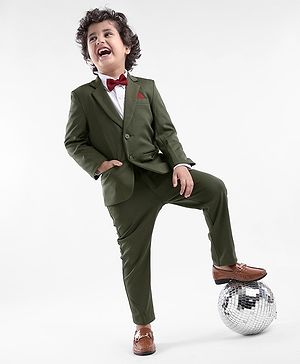 Babyhug Cotton Full Sleeves Party Wear Stretch Fit Suit With Blazer Solid - Olive