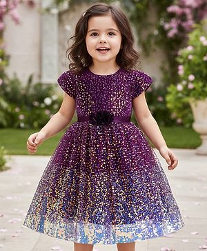 Babyhug Cap Sleeves All Over Sequin Embroidery Party Frock with Floral Corsage - Purple