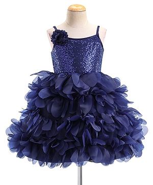 Babyhug Sleeveless 3D Petals Flare Flounce Party Frock with Floral Applique  - Navy Blue