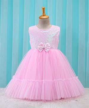 Babyhug Sleeveless Sequinned Party Frock With Bow Applique- Pink