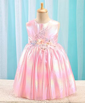 Babyhug Woven Sleeveless Metallic Party Frock with Floral Applique - Pink