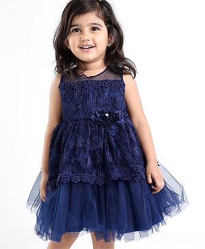 Babyhug Sleeveless Party Frock With Floral Applique - Navy Blue