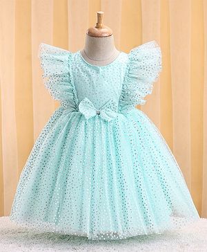 Babyhug Woven Sleeveless Polka Glitter Printed Party Frock - Mint