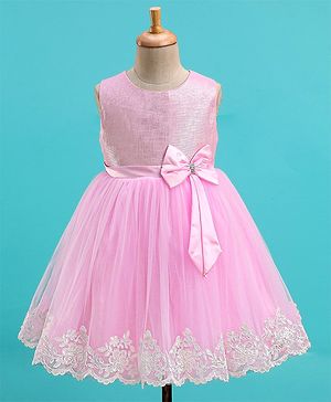 Babyhug Sleeveless Lace Scallop Party Frock With Bow Applique- Pink