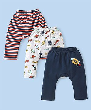 Babyhug Cotton Interlock Knit Full Length Diaper Pant with Stripes & Space Ships Print Pack of 3 - Navy Red & White
