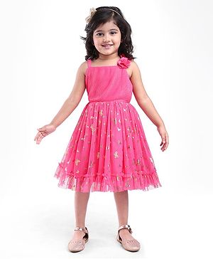 Babyhug Sleeveless Butterfly Foil Printed Party Frock with Floral Corsage - Magenta