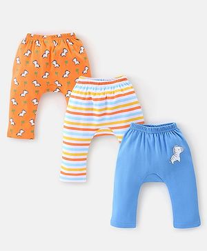 Babyhug Cotton Knit Full Length Diaper Pants With Zebra Print Pack Of 3 - White Orange & Blue