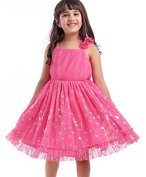 Babyhug Sleeveless Party Frock with Butterfly Foil Printed - Magenta