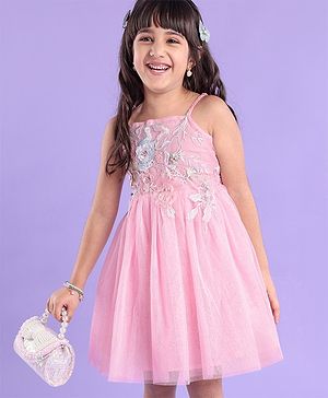 Babyhug Sleeveless Foil Printed with Embroidered Patch Party Frock - Light Pink