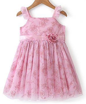Babyhug Sleeveless Floral Glitter Printed Party & Applique Frock - Pink