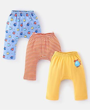 Babyhug Cotton Knit Full Length Diaper Pants Stripes & Helicopter Print Pack Of 3- Orange Yellow & Blue