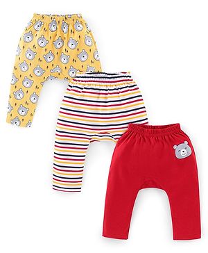 Babyhug Interlock Cotton Knit Full Length Diaper Pants Stripes & Teddy Print Pack of 3 - Red & Yellow