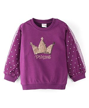 Babyhug Cotton Balloon Sleeves Sweatshirt with Sequins and Foil Printed Mesh Detailing  - Purple