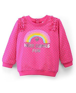 Babyhug Cotton Knit Full Balloon Sleeves Polka Dots Printed with Sequins & Ruffle Detailing Sweatshirt -Pink