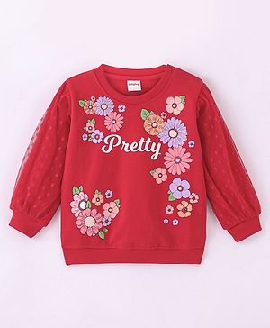 Babyhug Cotton Knit Full Balloon Sleeves Sweatshirt with Glitter & Mesh Detailing - Red