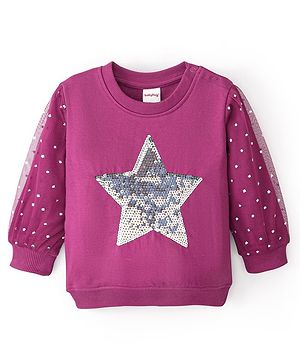Babyhug Cotton Knit Balloon Sleeves Sweatshirt With Sequins Foil Print & Mesh Detailing - Purple