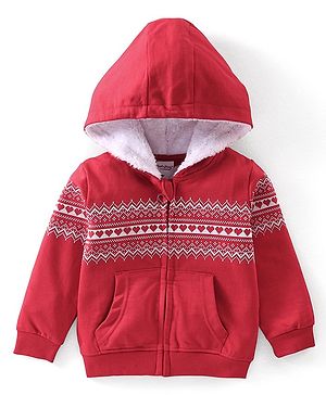 Babyhug Full Sleeves Hooded Sweat Jacket With Zipper and HD Print Detailing - Red