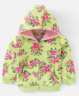 Babyhug Cotton Knit Full Sleeves Hooded Sweat Jacket With Frill Detailing & Floral Print - Green