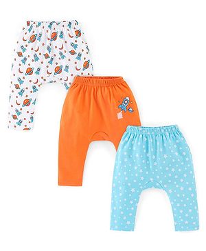 Babyhug Interlock Cotton Knit Full Length Diaper Pants Space Print Pack of 3 - Orange White & Blue