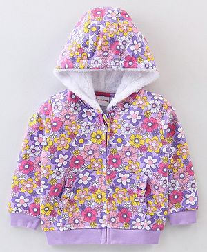 Babyhug Cotton Knit Full Sleeves Hoodie With Frill Detailing & Floral Print - Green