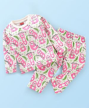 Babyhug Cotton Knit Full Sleeves Night Suit Sloth Print - White & Pink