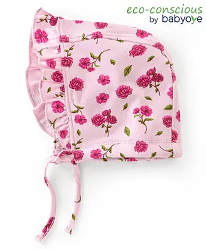 Babyoye Eco Conscious 100% Cotton Floral Printed Tie Knot Cap Pink - circumference 35 cm