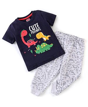 Babyhug Single Jersey Cotton Knit Half Sleeves Night Suit Dino Print - Navy Blue & White