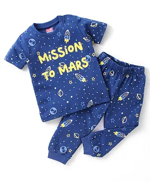 Babyhug Cotton Half Sleeves Night Suit Mission to Mars Print - Blue