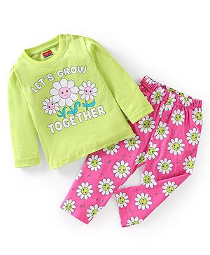 Babyhug Cotton Knit Full Sleeves Night Suit Floral Print - Green & Pink