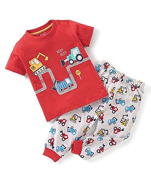 Babyhug Cotton Half Sleeves Night Suit Truck Print- Red & White