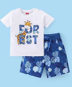 Babyhug 100% Cotton Half Sleeves T-Shirt and Shorts Set Giraffe Print - White & Blue