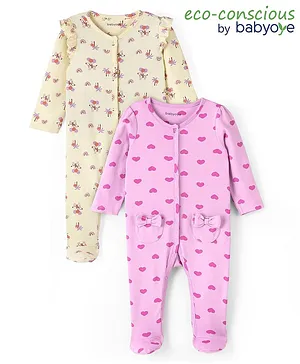 Babyoye Eco Conscious 100% Cotton Full Sleeves Heart Print Sleepsuits with Bow Applique Pack of 2 - Pink & Beige