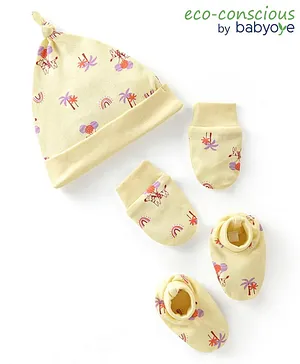 Babyoye 100% Cotton Eco Conscious Zebra Print Caps Gloves & Mittens Set Yellow -  Diameter 10.5 cm