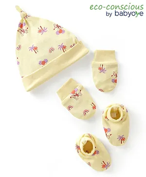 Babyoye 100% Cotton Eco Conscious Zebra Print Caps Gloves & Mittens Set Yellow -  Diameter 11.5 cm