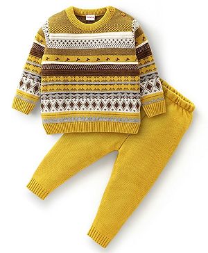 Babyhug Full Sleeves Baby Sweater Set Chevron Design - Mustard