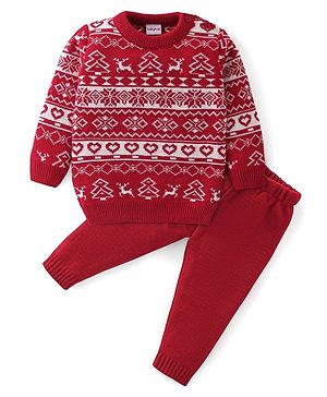 Babyhug Full Sleeves Christmas Theme Design Sweater Set - Red