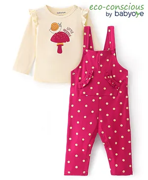Babyoye Eco Conscious 100% Cotton Dungaree & Full Sleeves Inner Tee Set with Mushroom Print - Pink & Peach