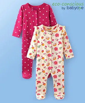 Babyoye Eco Conscious  100% Cotton Full Sleeves Floral & Dots Printed Footed Sleep Suit with Bow Detailing Pack of 2 - Multicolour