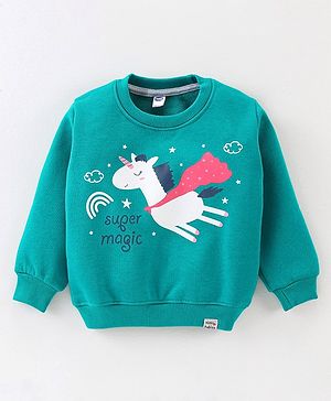 Teddy Cotton Fleece Full Sleeves Sweatshirt Unicorn Print- Green