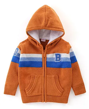 Babyhug Acrylic Full Sleeves Striped Hooded Sweater - Orange