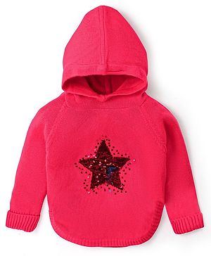 Babyhug Knit Full Sleeves Hooded Sweater with Sequin Star Design - Coral Red