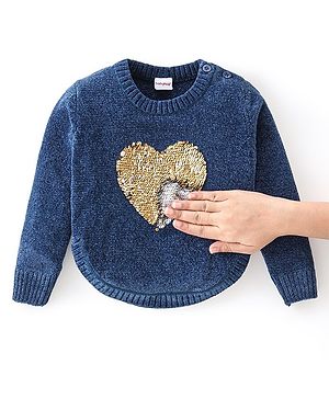 Babyhug Knit Full Sleeves Reversible Sequined Sweater - Blue