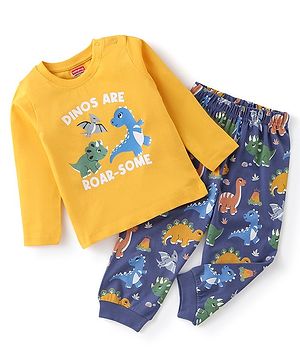 Babyhug Single Jersey Full Sleeves Night Suit Dino Print - Yellow & Navy Blue