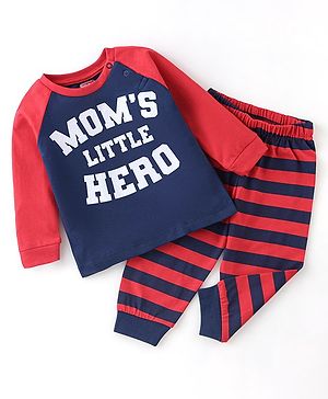 Babyhug Single Jersey Raglan Sleeves Night Suit Stripes & Text Print - Red & Navy Blue