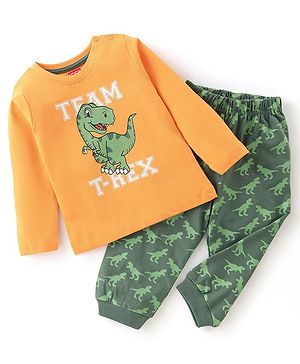 Babyhug Cotton Knit Full Sleeves Night Suit With Dino Print - Orange & Green